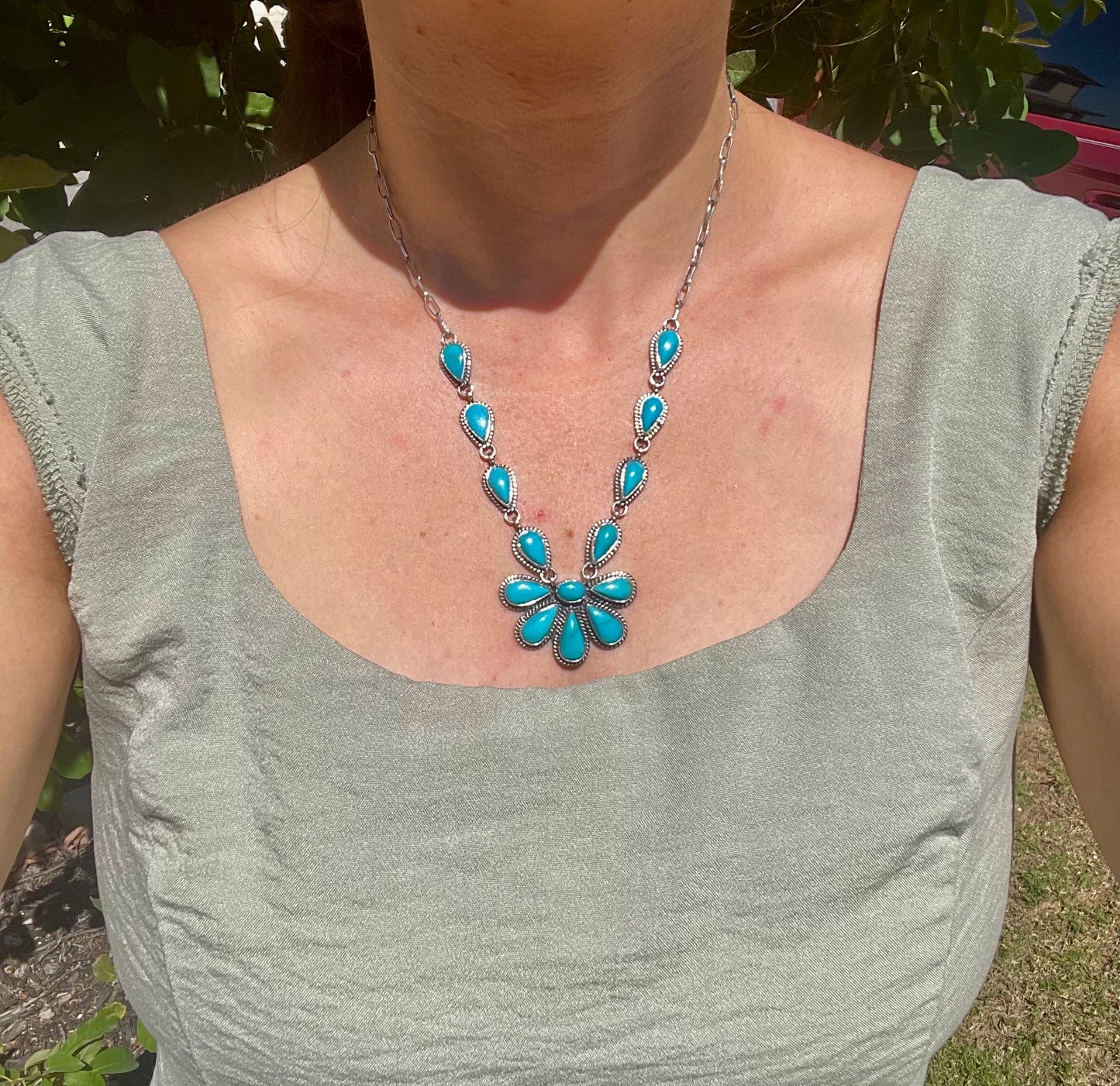 Kingman Turquoise Flower Lariat Necklace | Sterling Silver D133