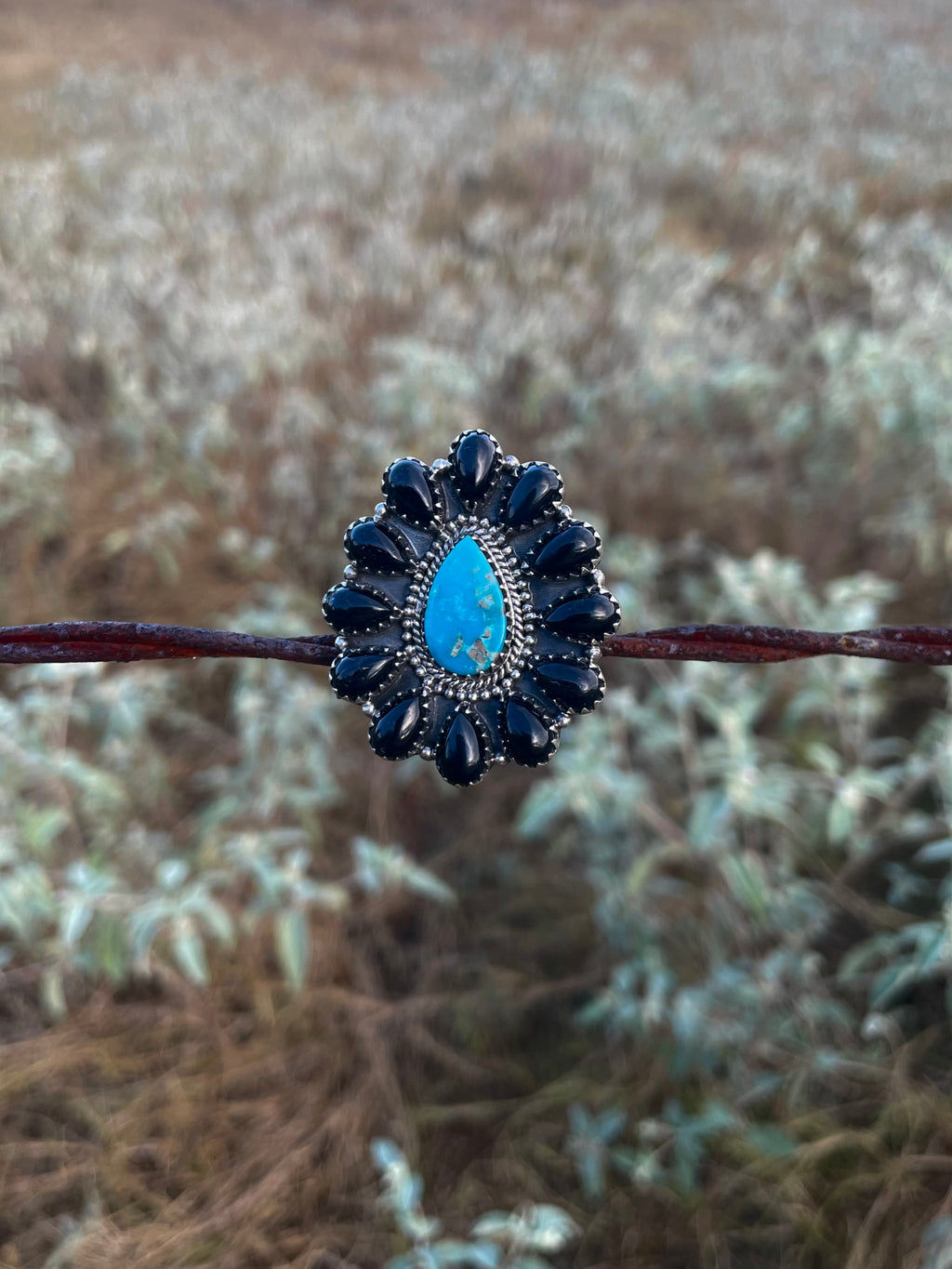Turquoise & Black Onyx Cluster Ring | 925 Sterling Silver Size 8.75 G823