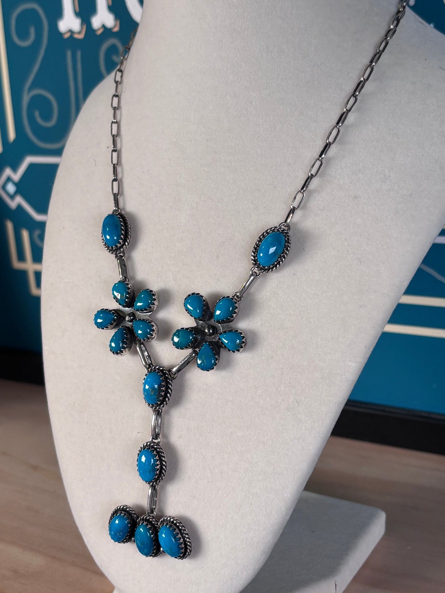 Kingman Turquoise Cluster Necklace | 925 Sterling Silver Southwestern Style