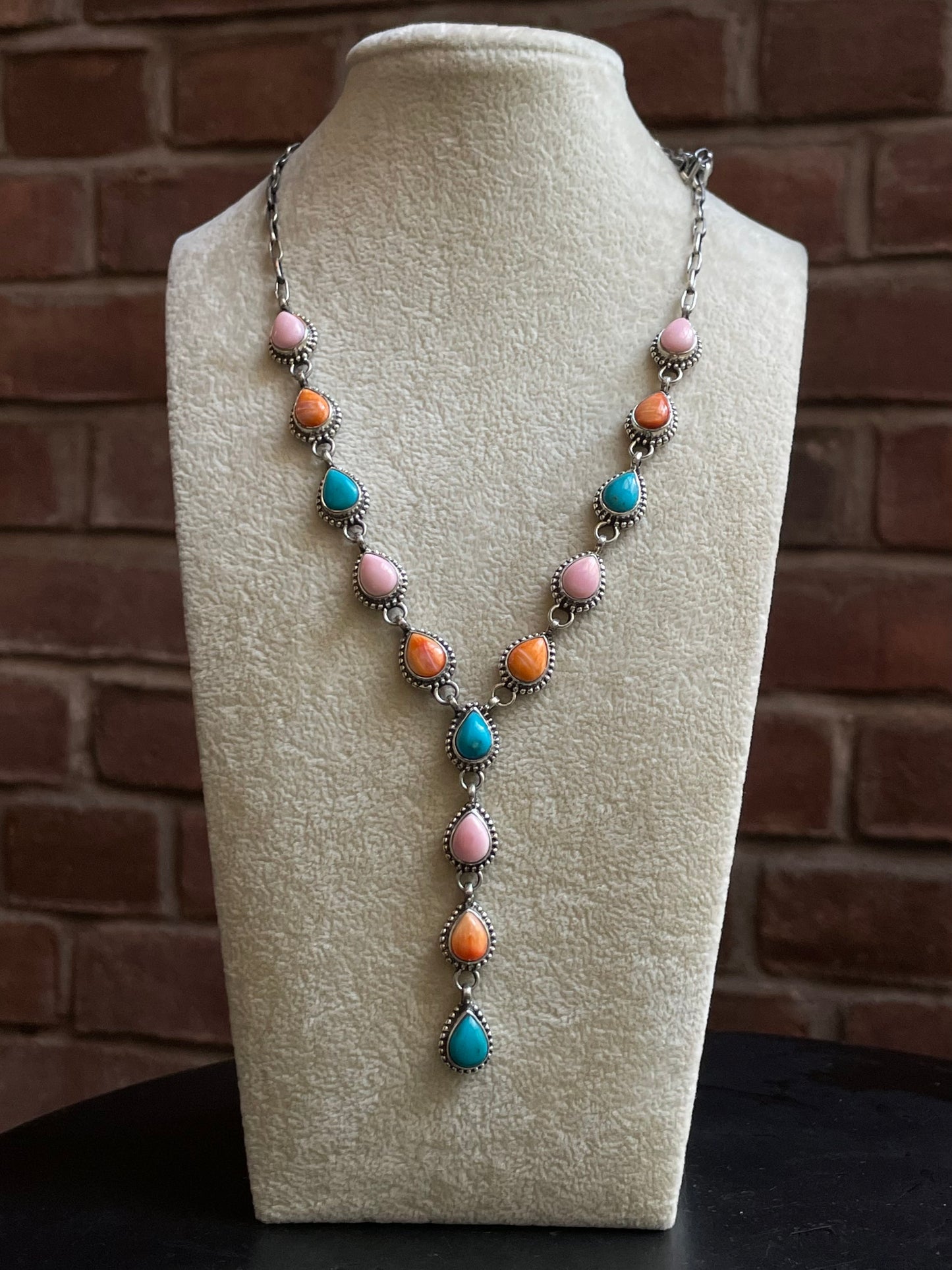Turquoise Pink Conch Spiny Oyster Lariat Necklace | Sterling Silver E937