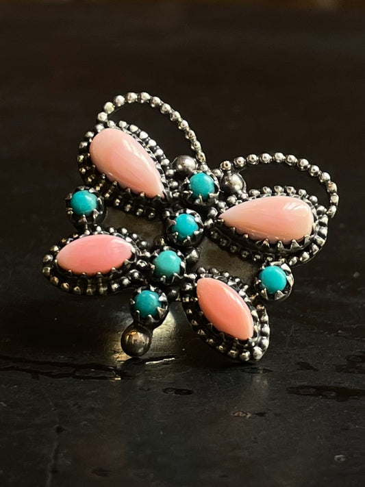 Pink Conch & Turquoise Butterfly Ring Size 6 | 925 Sterling Silver E989