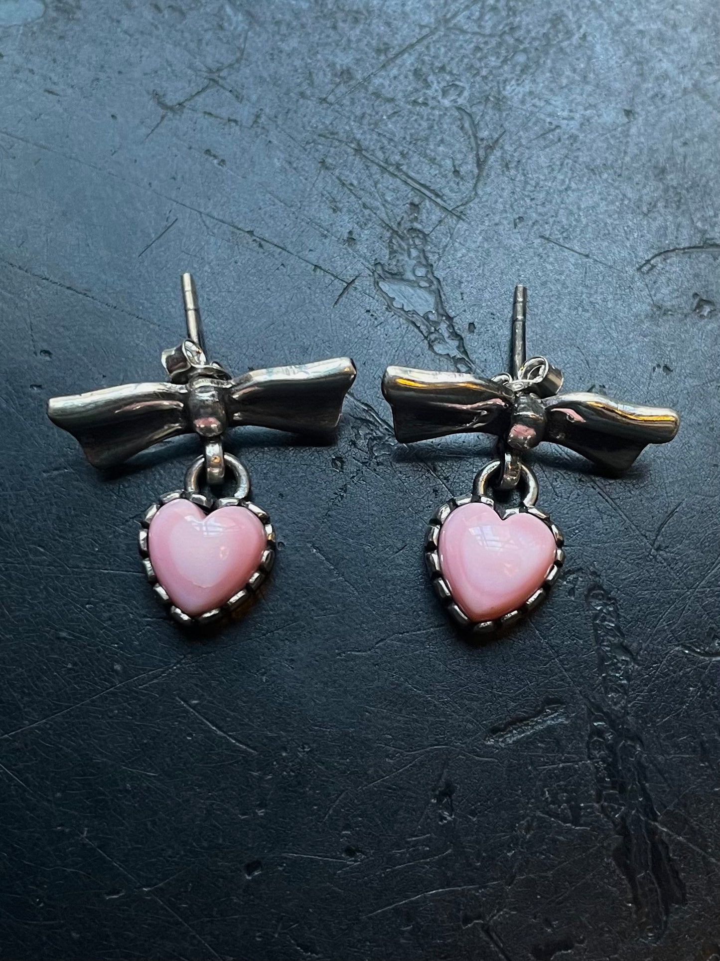 Pink Conch Bow Stud Earrings | Heart Drop Sterling Silver E676