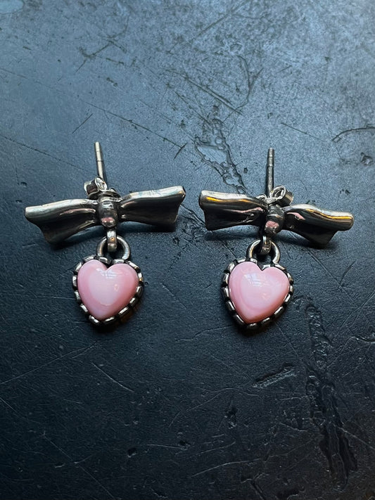 Pink Conch Bow Stud Earrings | Heart Drop Sterling Silver E676