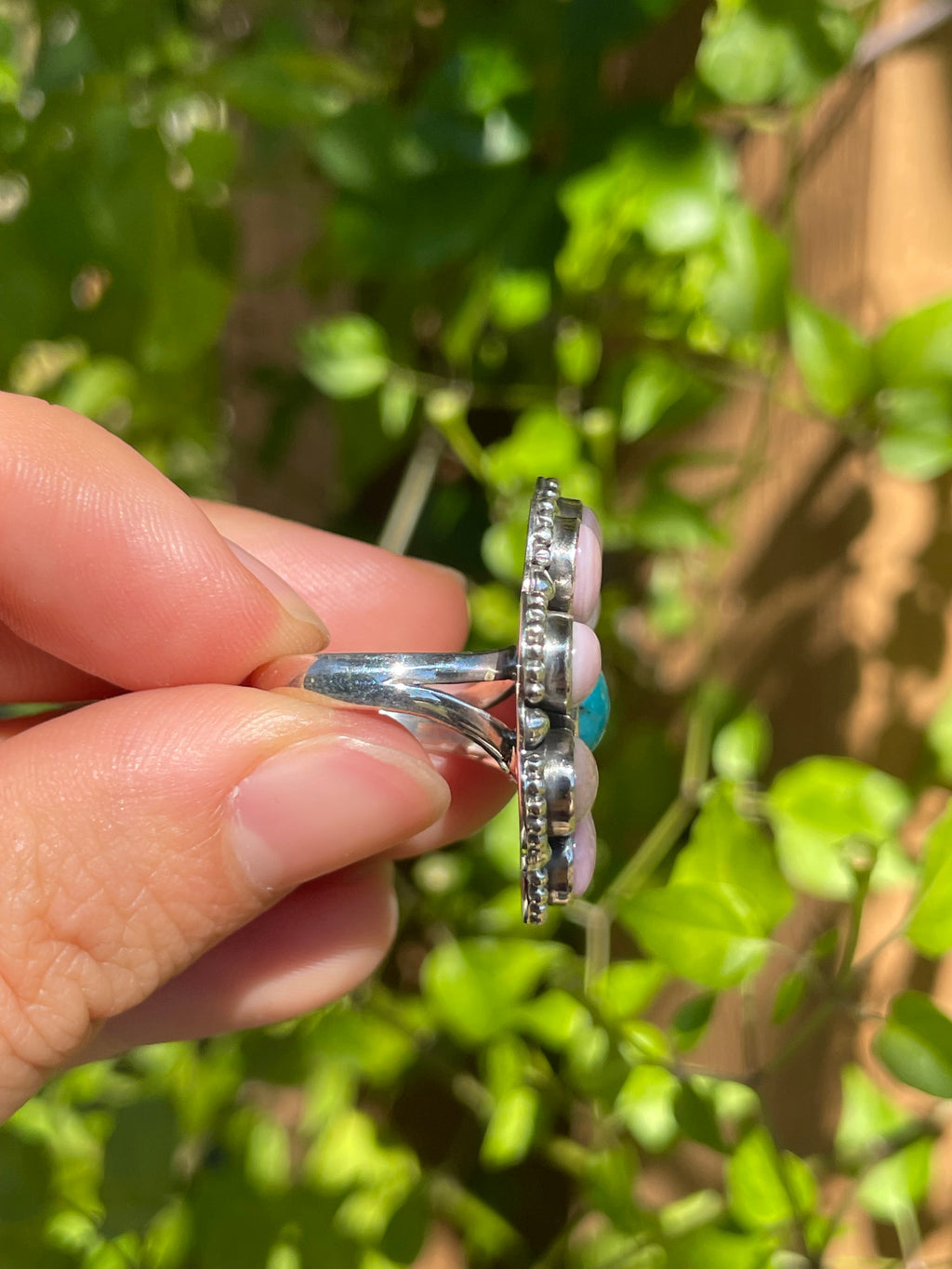 Pink Conch and Turquoise Flower Ring | 925 Sterling Silver | Size 6 B296