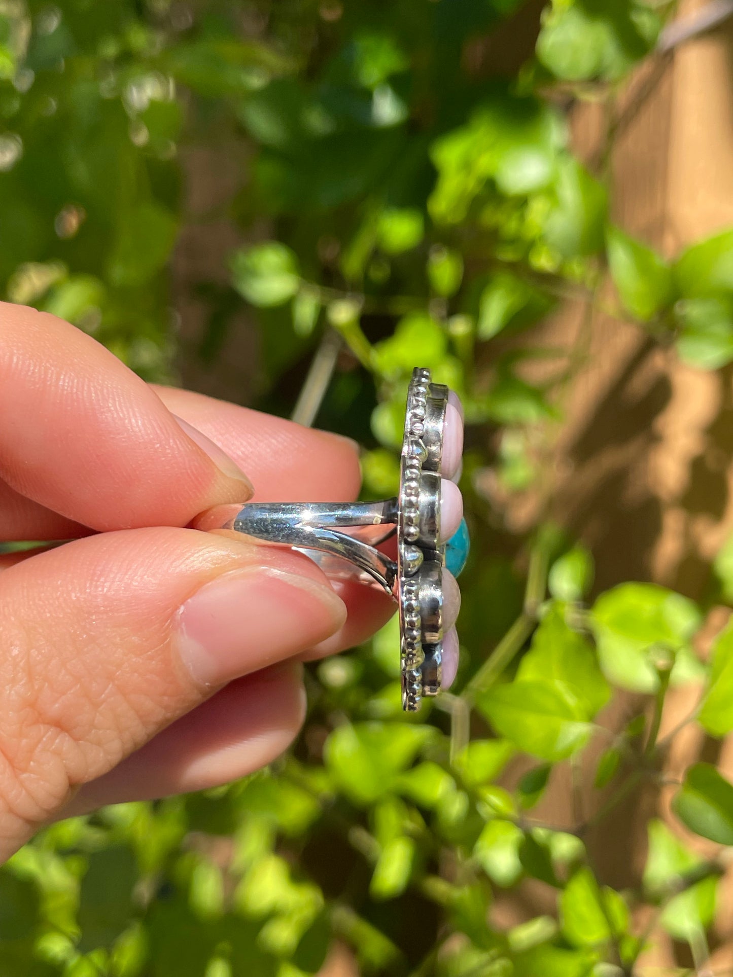 Pink Conch and Turquoise Flower Ring | 925 Sterling Silver | Size 6 B296