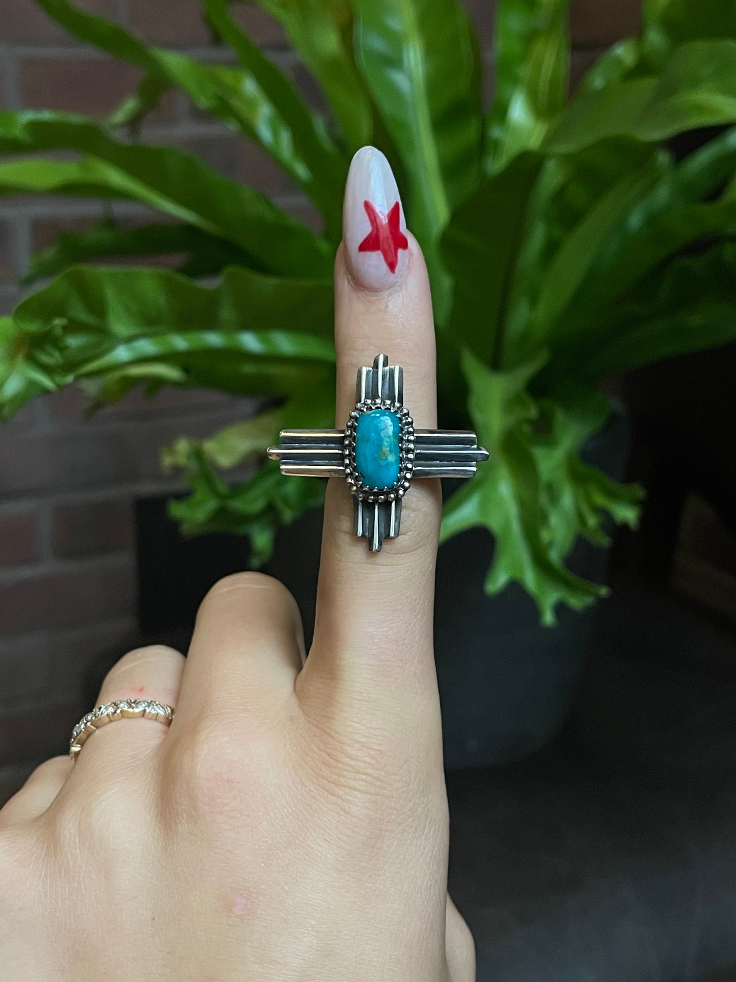 Kingman Turquoise Zia Cross Ring Size 6.75 | 925 Sterling Silver G496
