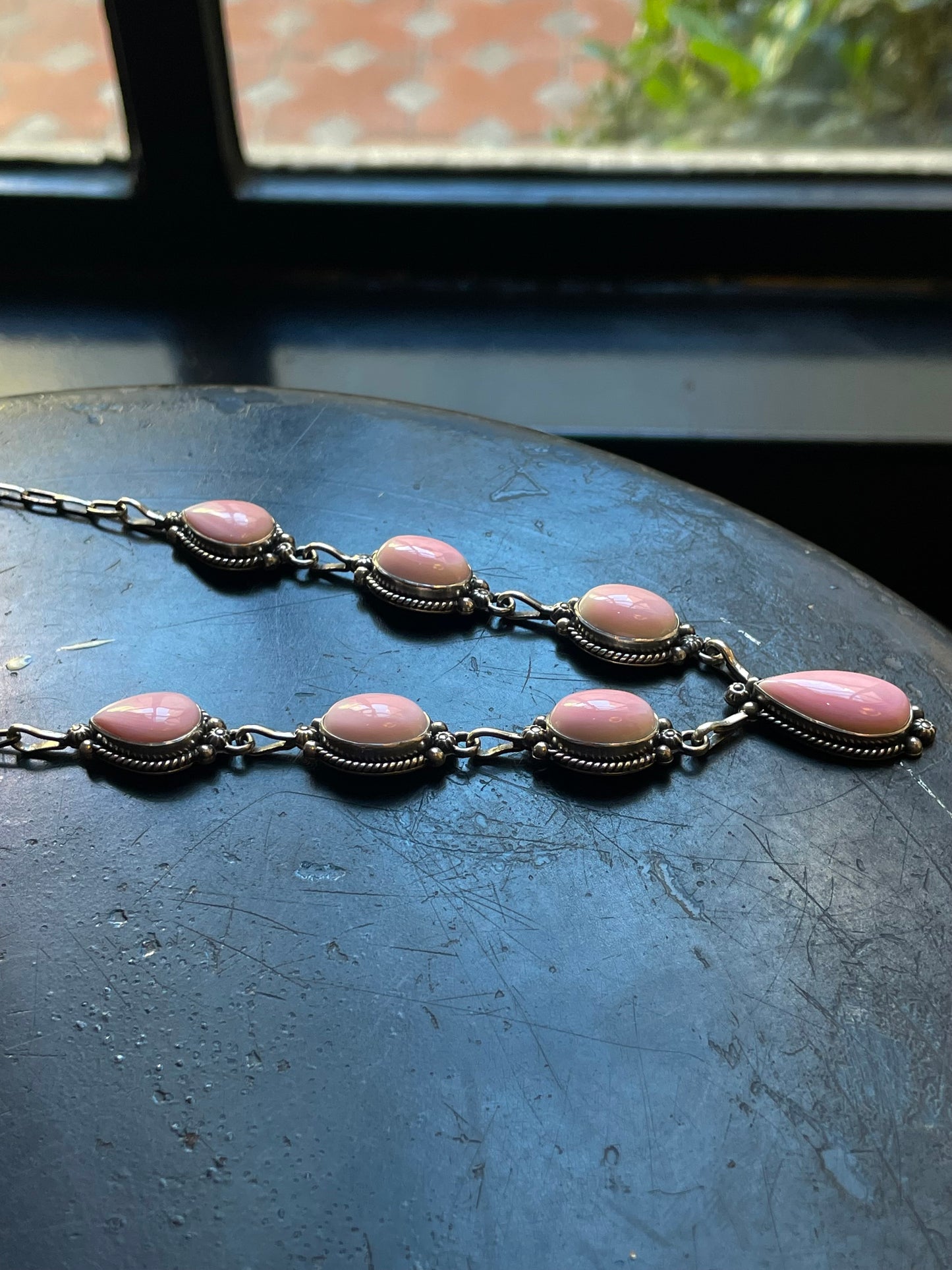 Pink Conch Teardrop Link Necklace | Sterling Silver E824