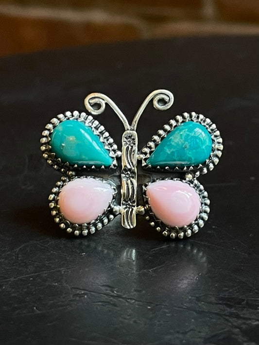 Pink Conch Turquoise Butterfly Ring Size 7 | Sterling Silver E894
