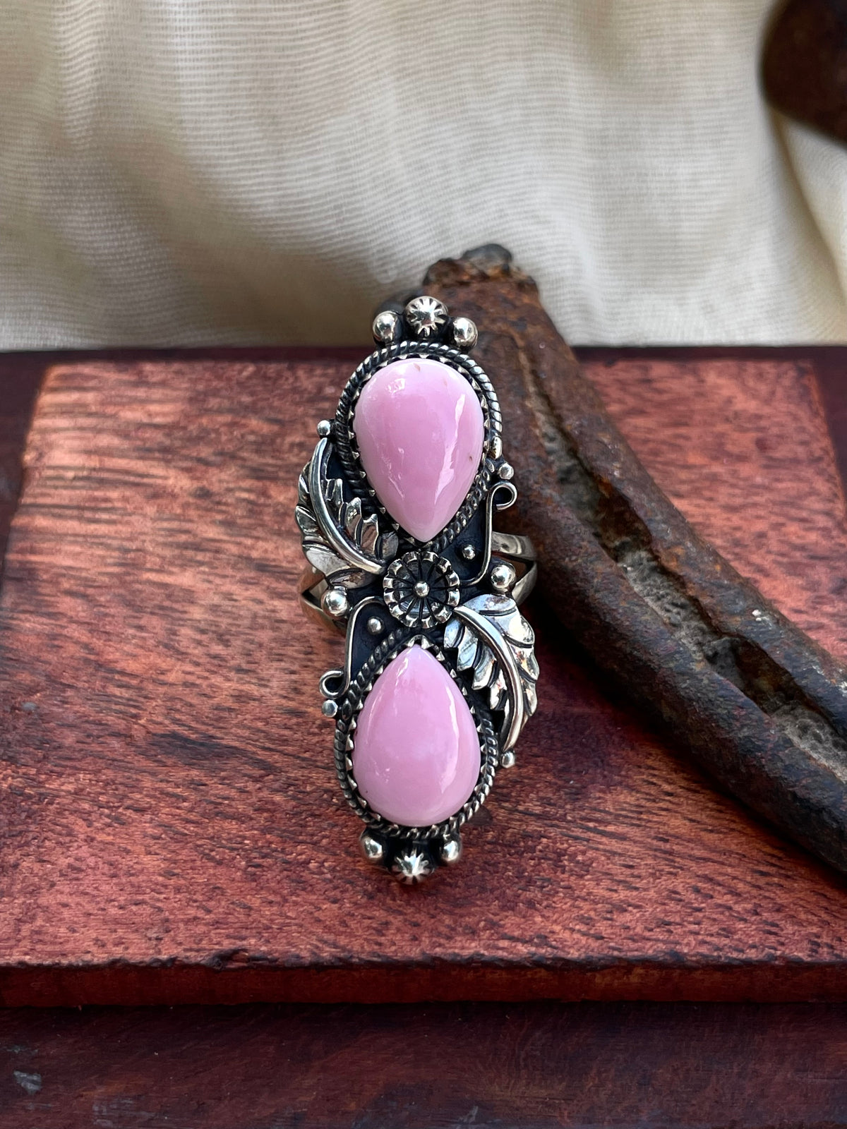 Pink Conch Floral Double Teardrop Ring | 925 Sterling Silver Size 8 C585
