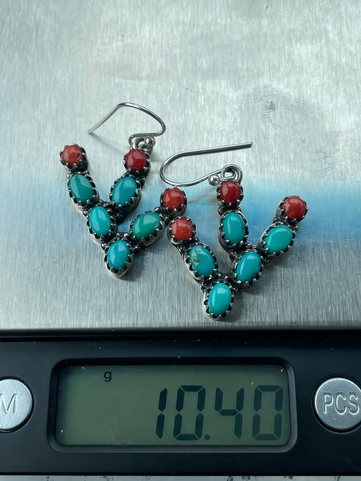 Turquoise and Coral Cactus Earrings | Sterling Silver B951
