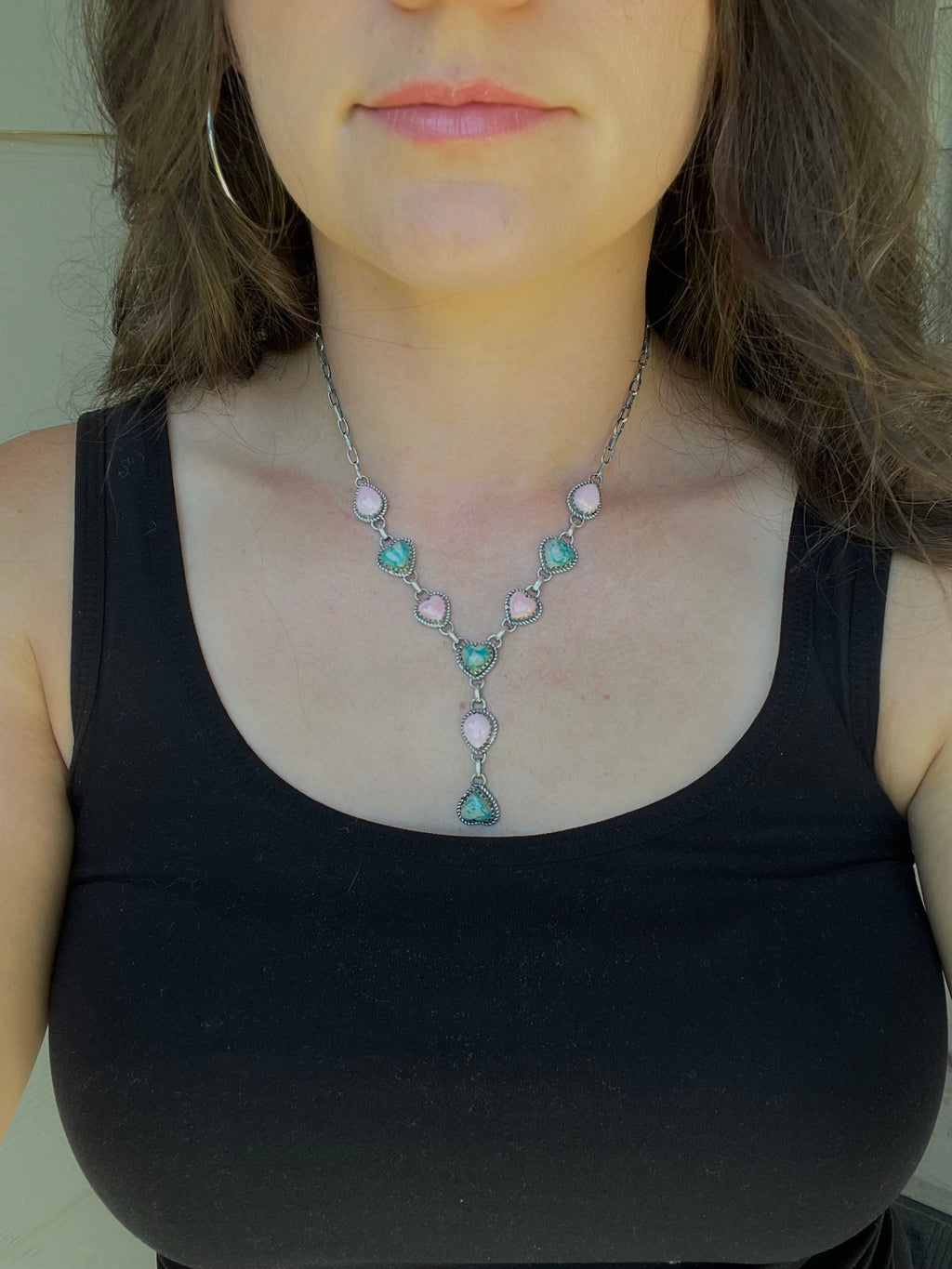 Pink Conch & Kingman Turquoise Lariat Necklace | 925 Sterling Silver D221