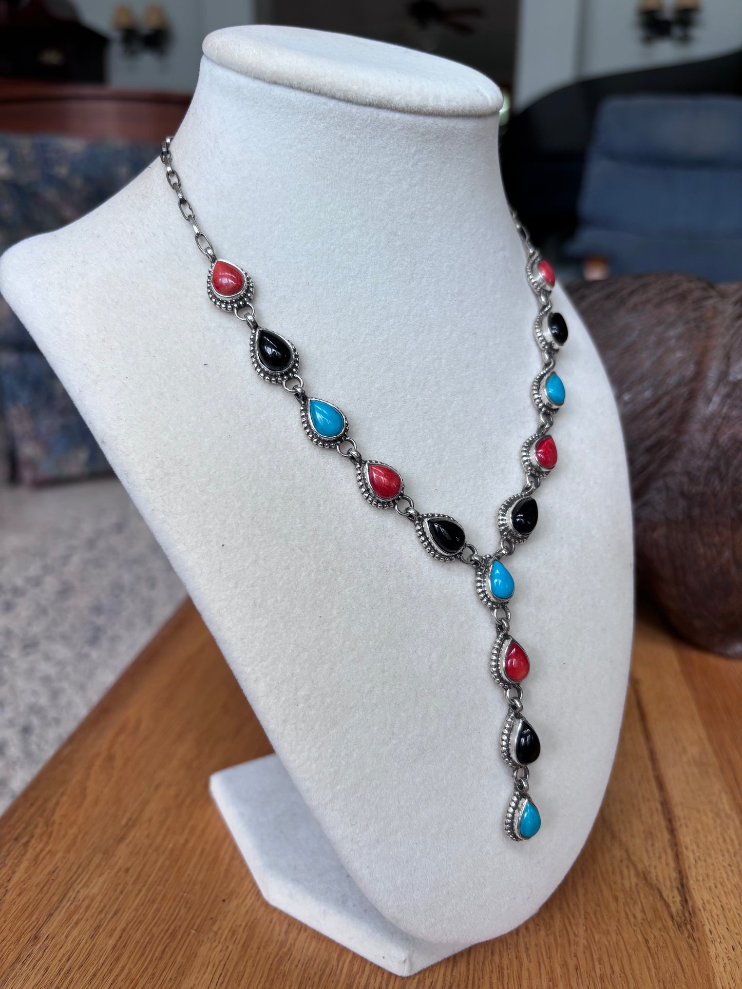 Turquoise Onyx Coral Drop Necklace | 925 Sterling Silver A108
