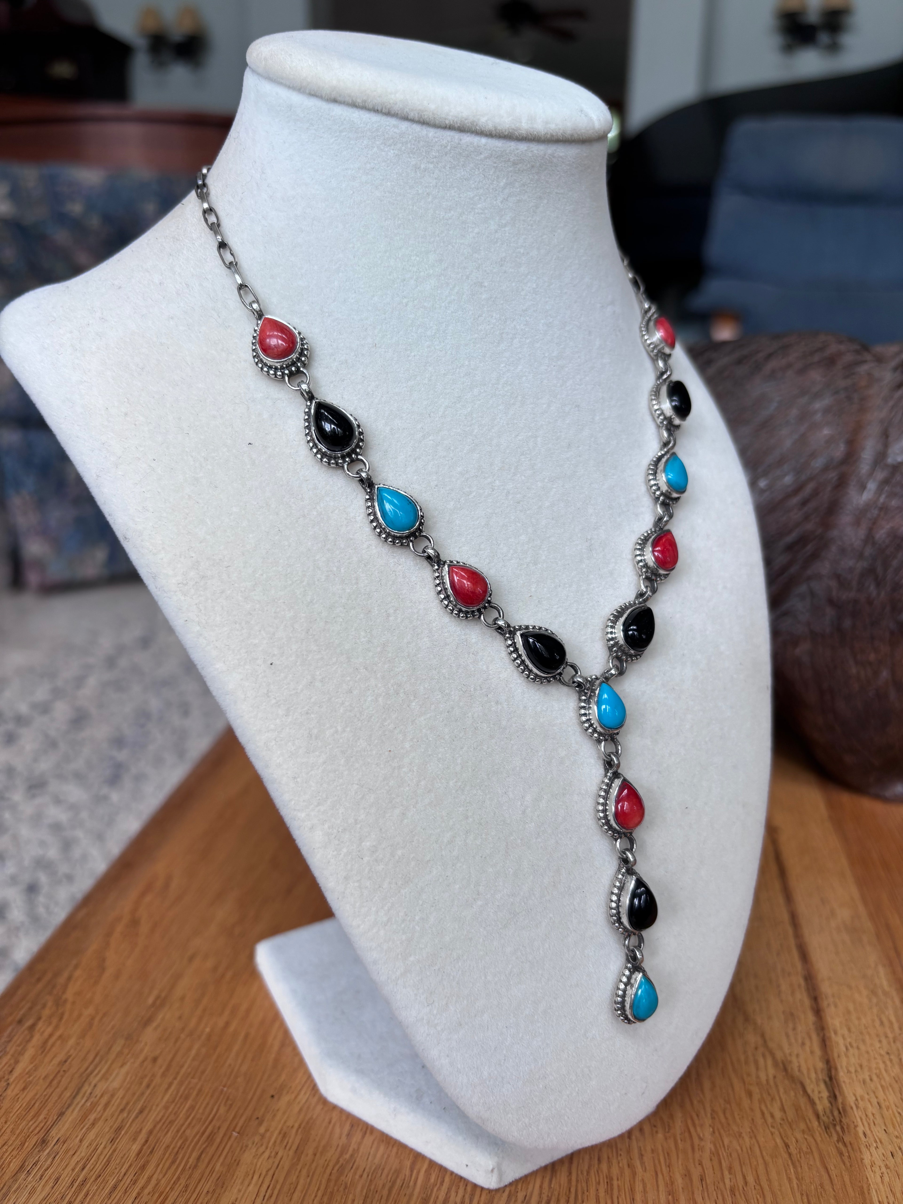 Turquoise Onyx Coral Drop Necklace | 925 Sterling Silver A108
