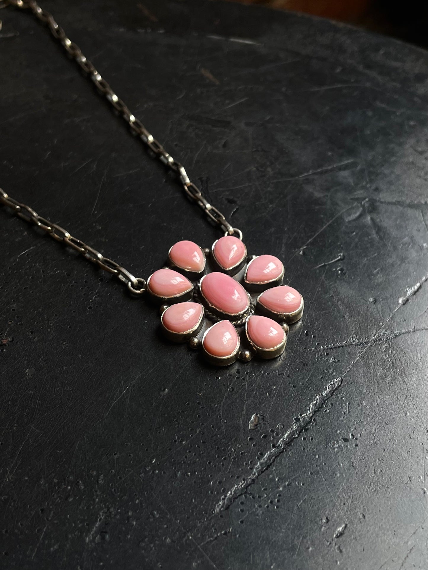 Pink Conch Flower Necklace | Oval Cluster Blossom | 925 Silver E552