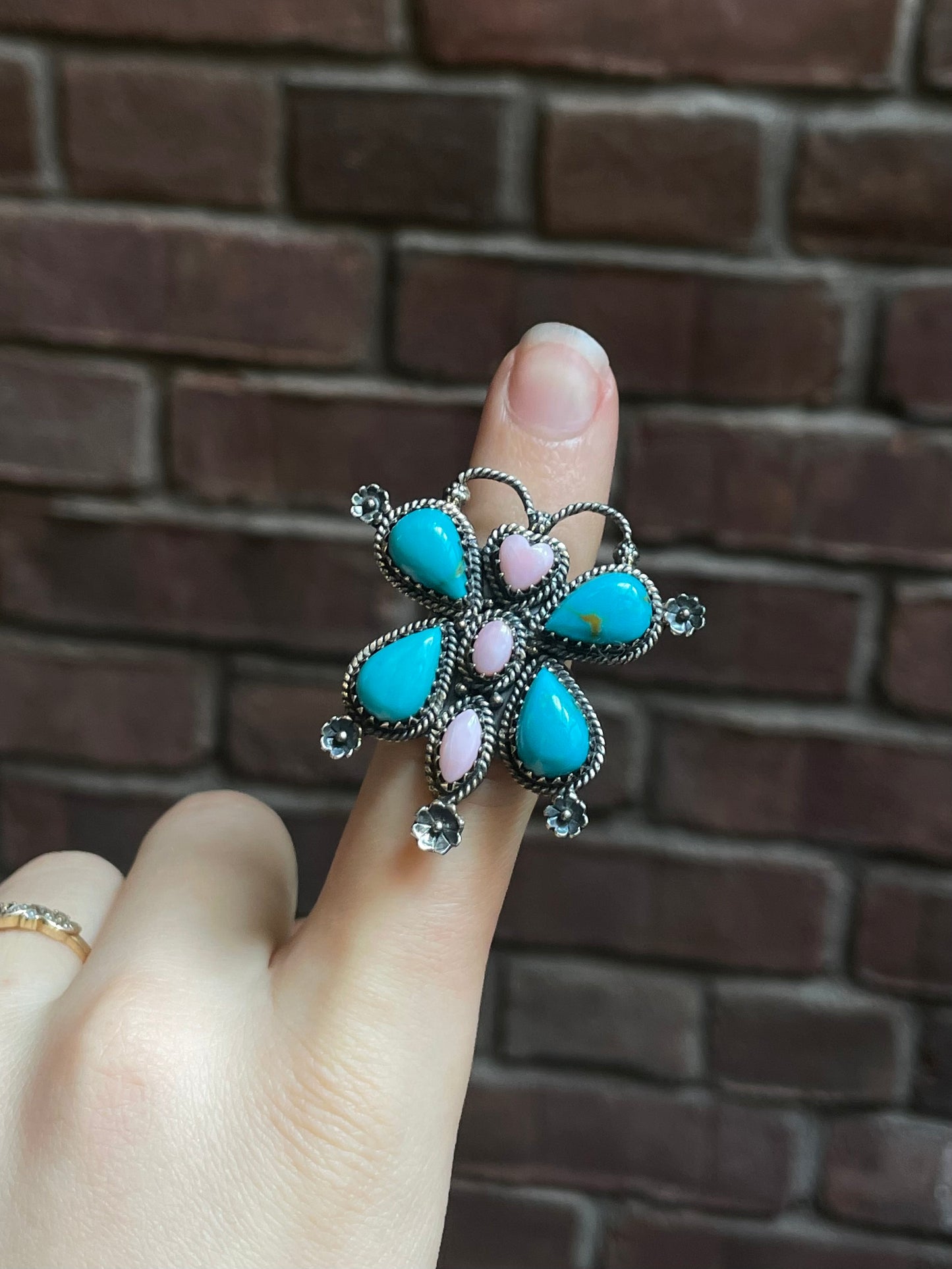 Turquoise & Pink Conch Butterfly Ring | 925 Sterling Silver | Size 6.75 E295
