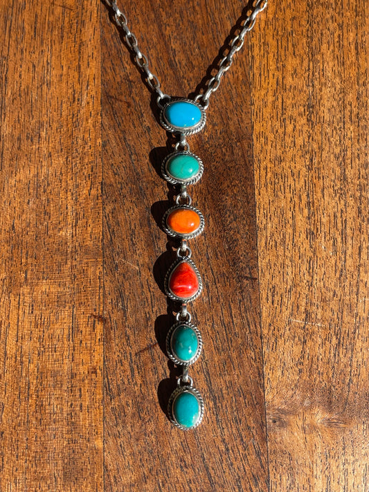 Turquoise Spiny Oyster Lariat Necklace | Sterling Silver | Handmade C849
