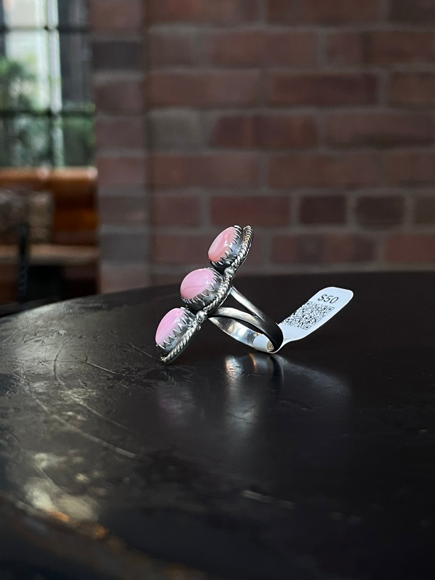 Three Stone Pink Conch Ring | Sterling Silver | Size 7 | A246