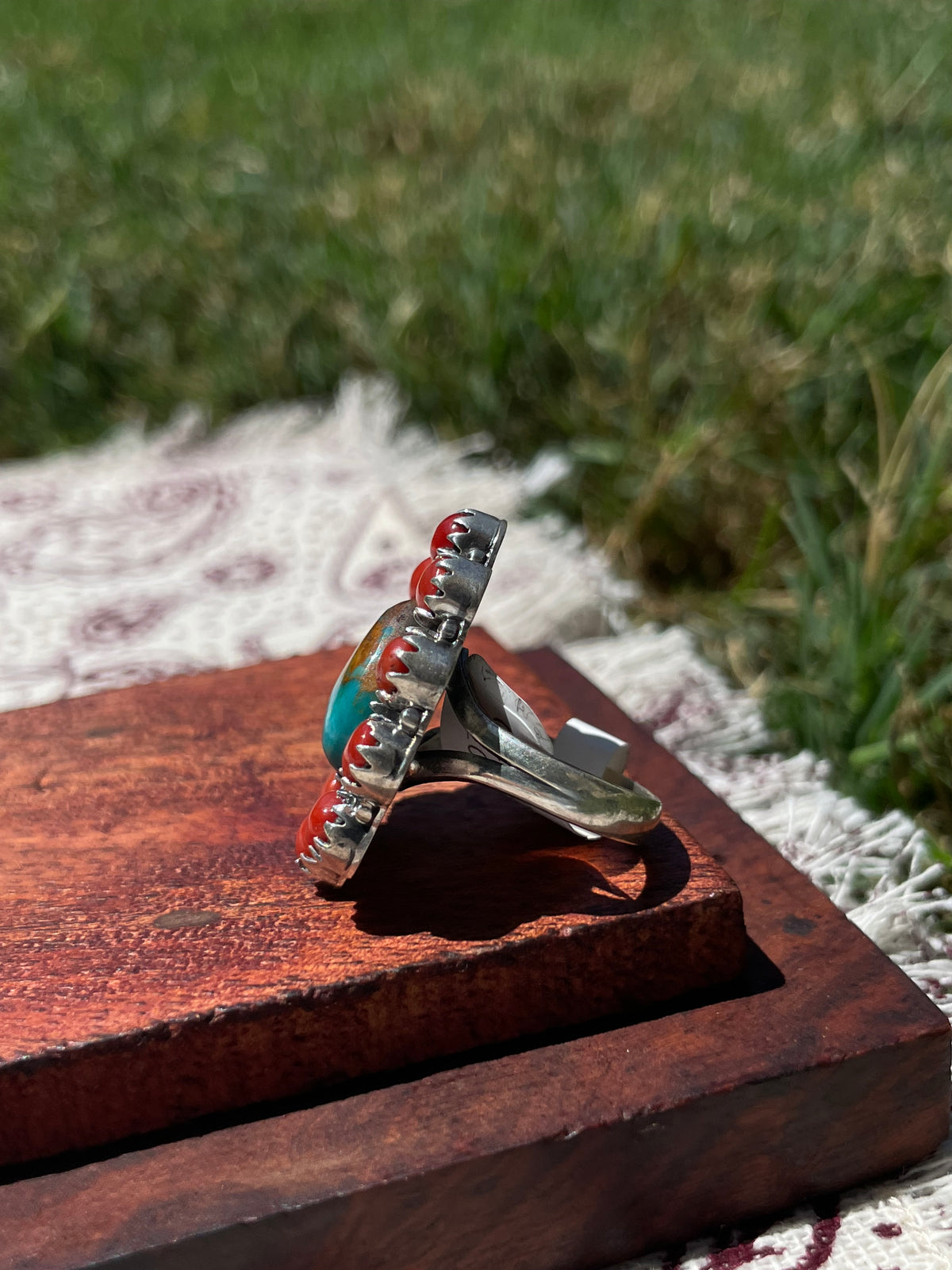 Turquoise & Coral Cluster Ring Size 6.5 | 925 Sterling Silver D306