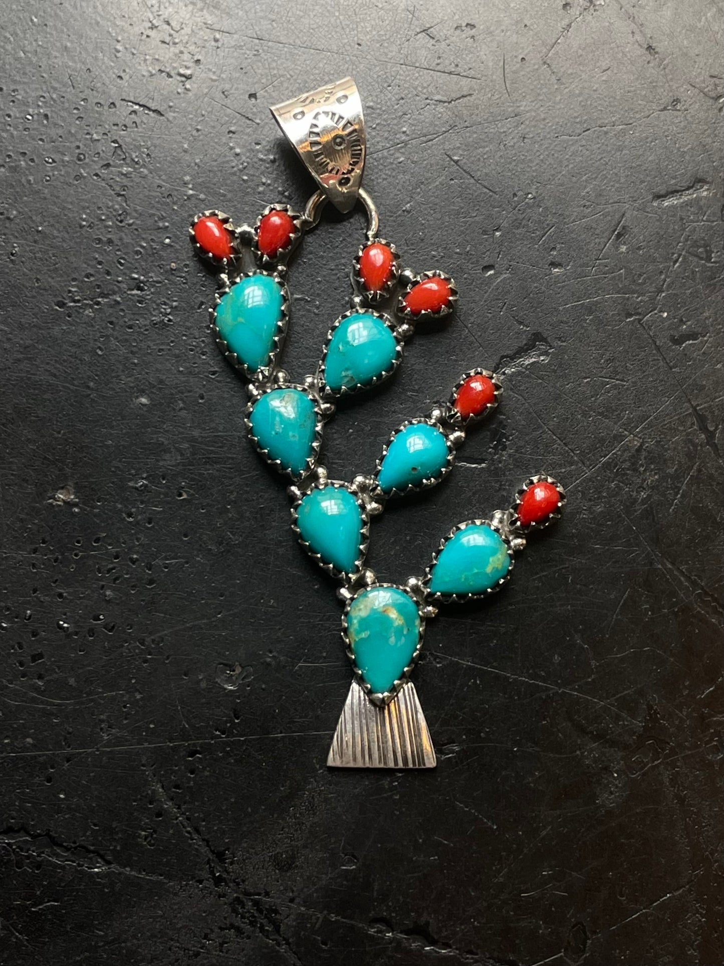 Turquoise Coral Cactus Pendant | Sterling Silver E705