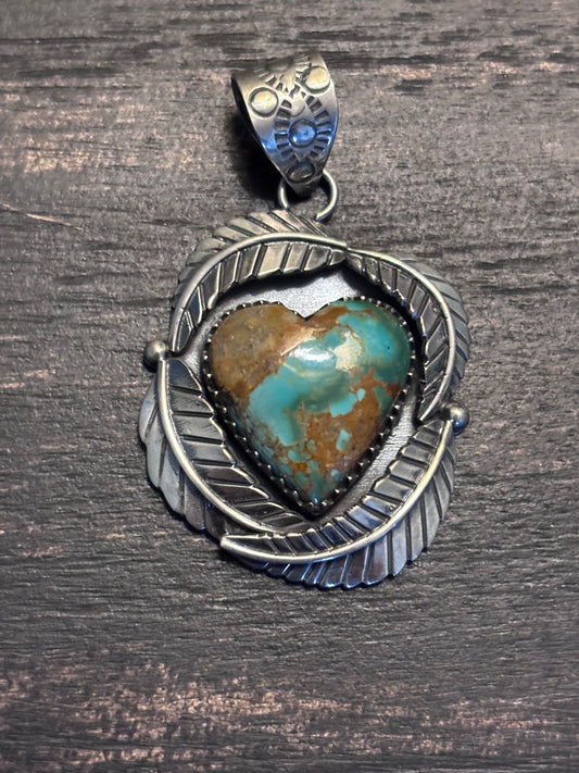 Kingman Turquoise Heart Feather Pendant | Sterling Silver Southwestern Style A085