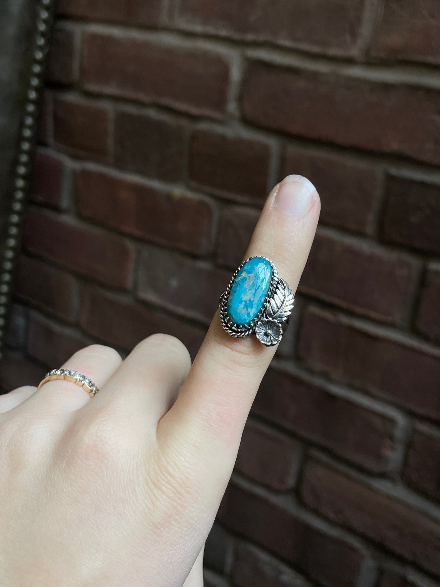 Kingman Turquoise Floral Ring Size 7.5 | 925 Sterling Silver Southwest E180