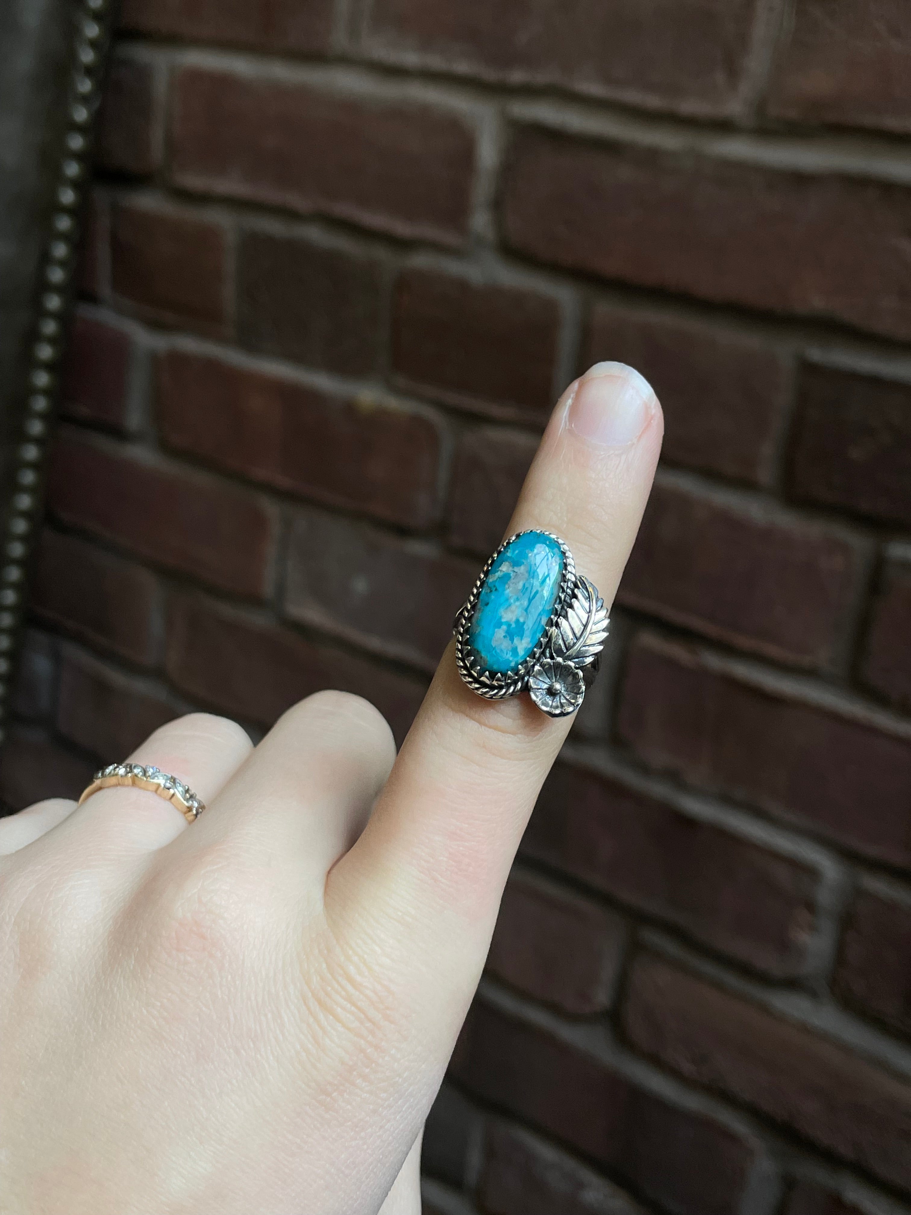 Kingman Turquoise Floral Ring Size 7.5 | 925 Sterling Silver Southwest E180