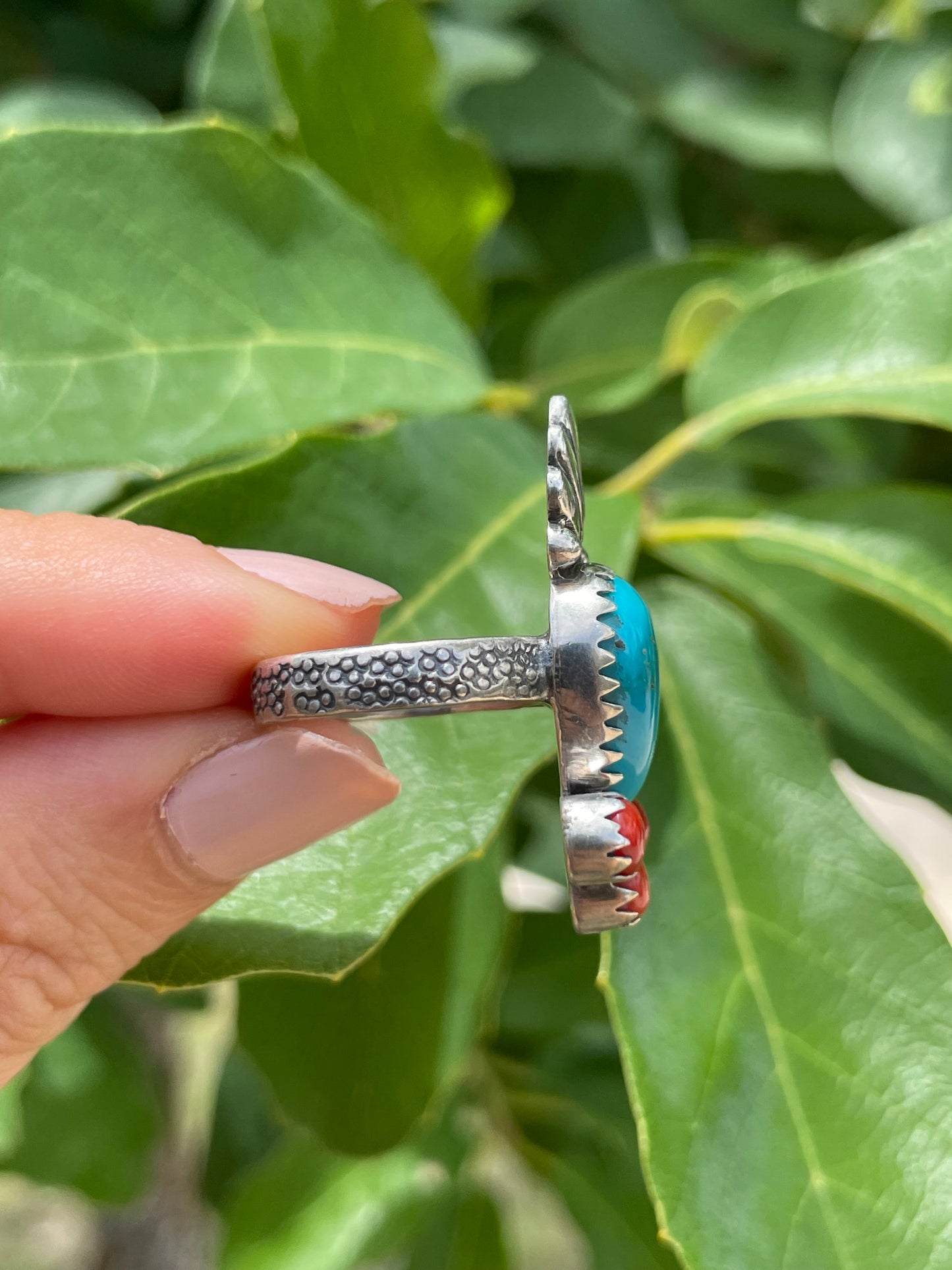 Kingman Turquoise & Coral Ring Size 7 | 925 Sterling Silver D179