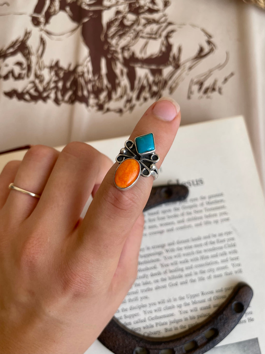 Turquoise & Spiny Oyster Two-Stone Ring | 925 Sterling Silver Size 6 G820