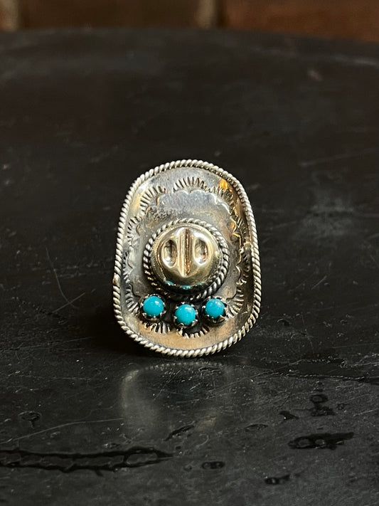 Kingman Turquoise Cowboy Hat Ring Size 7 | 925 Sterling Silver Southwest E186