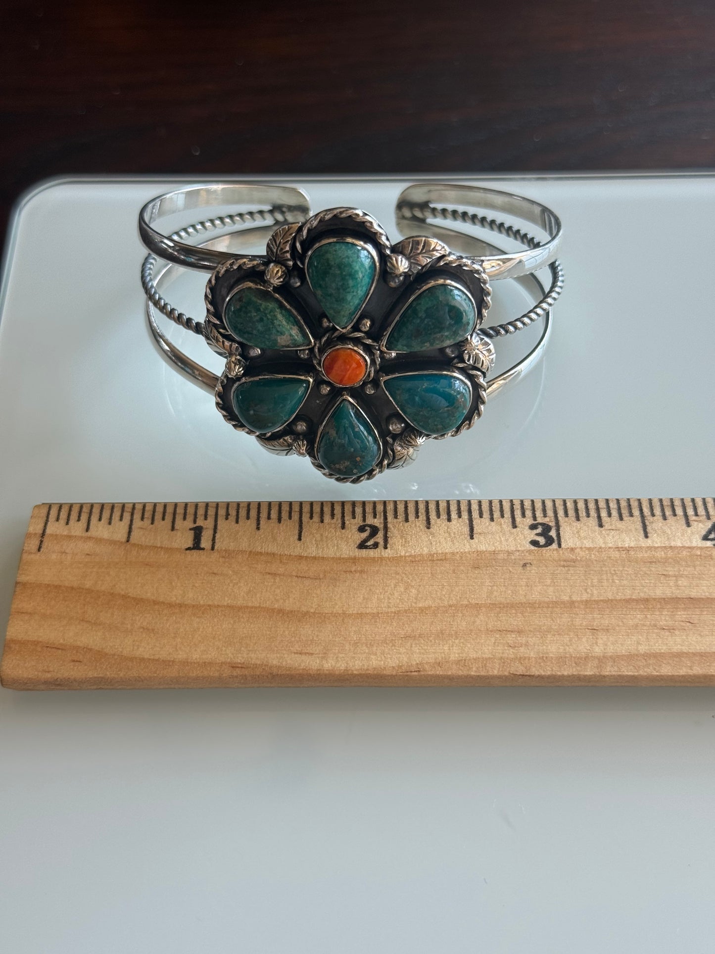 Turquoise Spiny Oyster Flower Cuff | Sterling Silver | A992