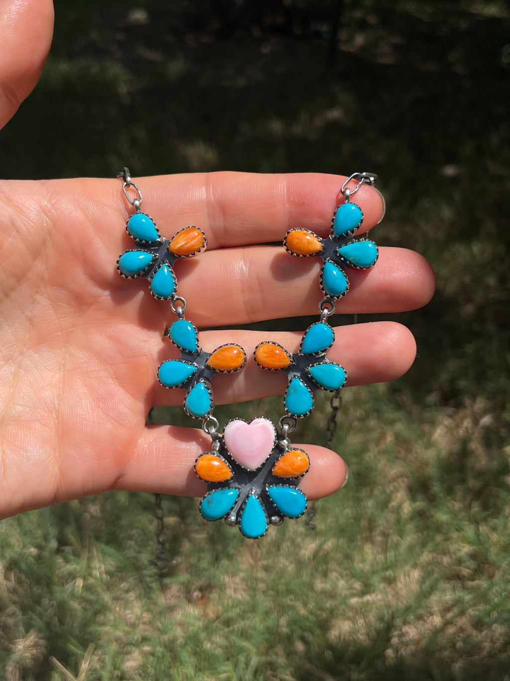 Turquoise Spiny Oyster & Pink Conch Necklace | 925 Sterling Silver D250
