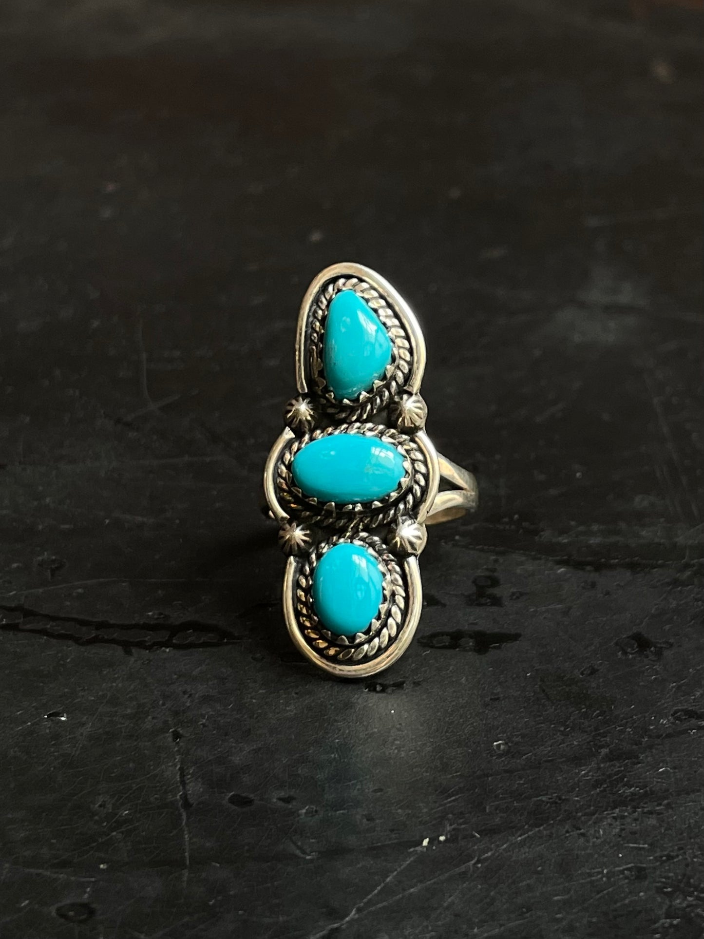 Kingman Turquoise Triple Stone Ring Size 7.75 | 925 Sterling Silver Southwest E200