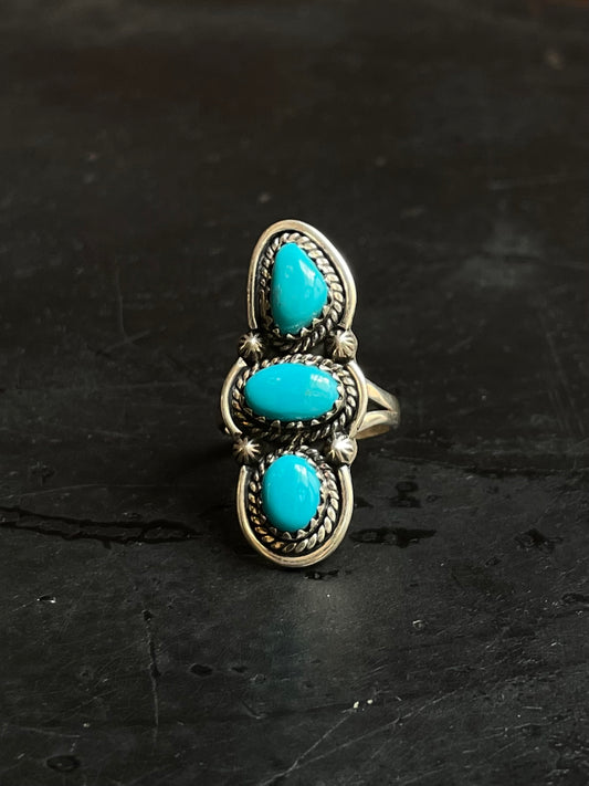 Kingman Turquoise Triple Stone Ring Size 7.75 | 925 Sterling Silver Southwest E200