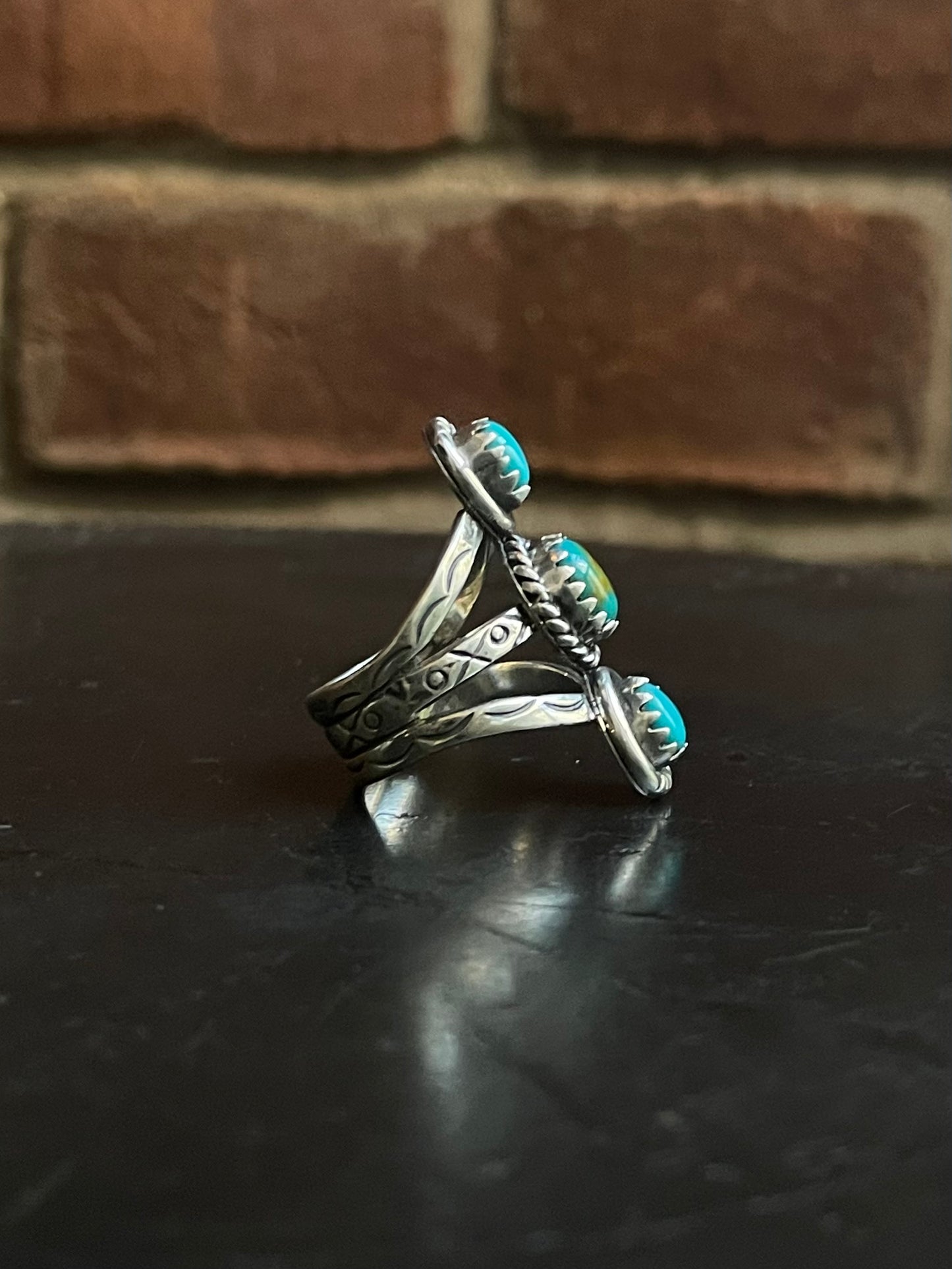 Kingman Turquoise Triple Stone Ring | Sterling Silver | Size 7.25  G387