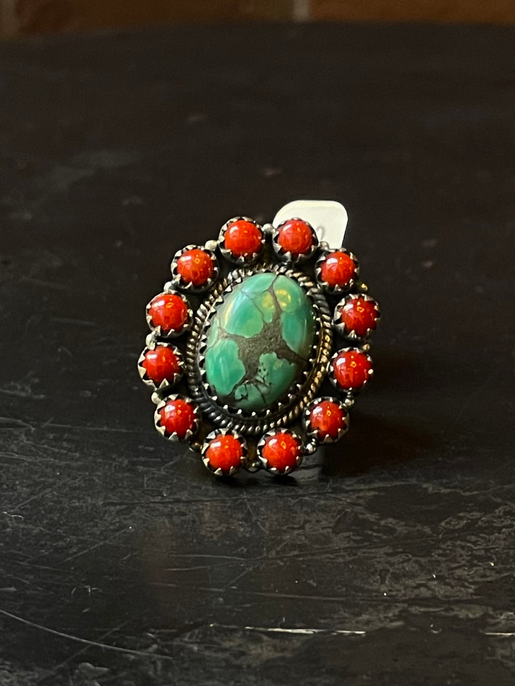 Kingman Turquoise Coral Cluster Ring | Sterling Silver | Size 7 | A199