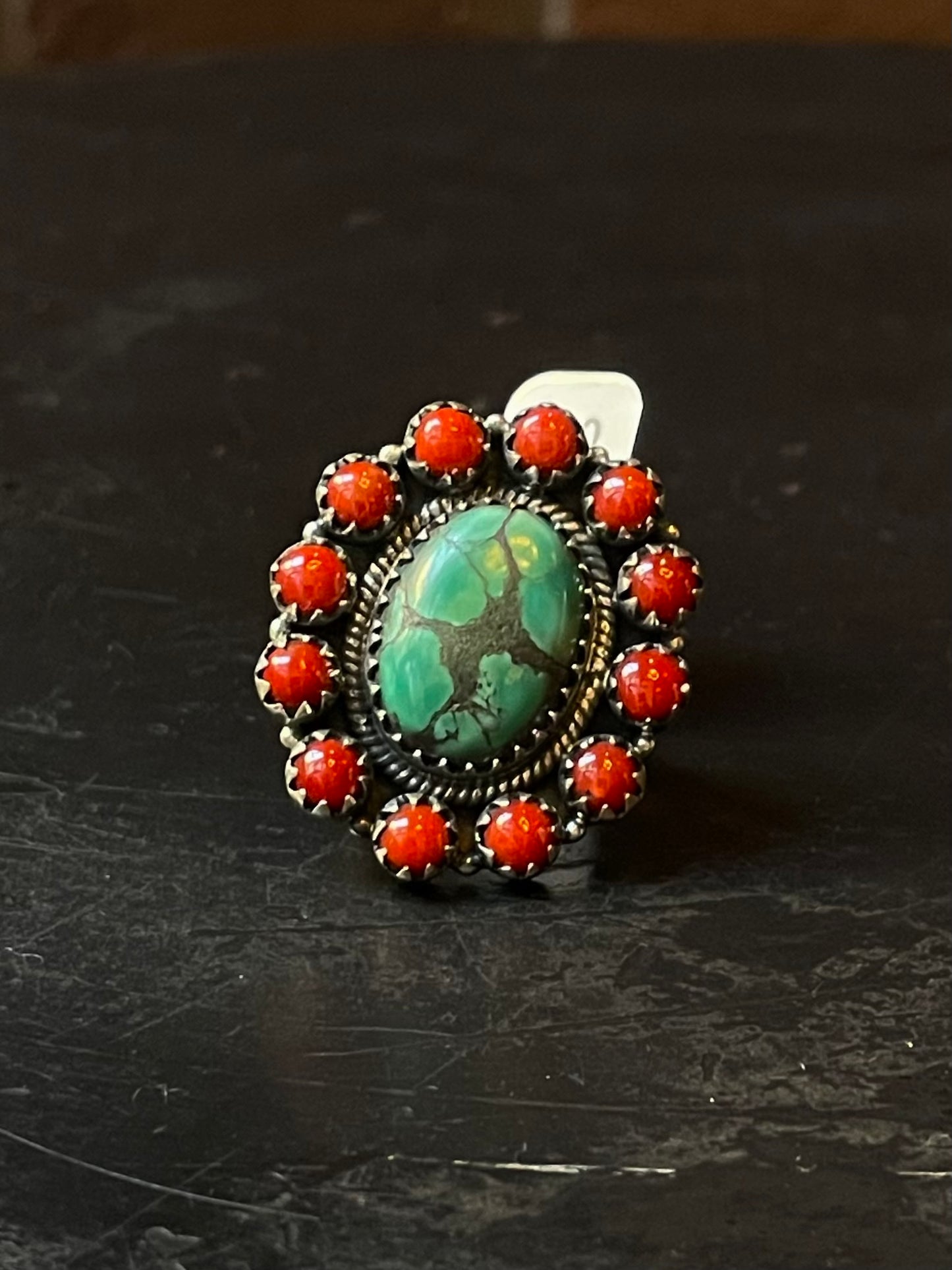 Kingman Turquoise Coral Cluster Ring | Sterling Silver | Size 7 | A199