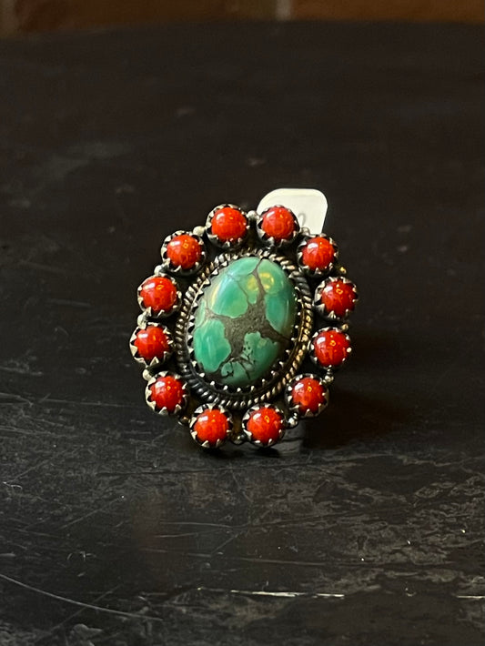 Kingman Turquoise Coral Cluster Ring | Sterling Silver | Size 7 | A199