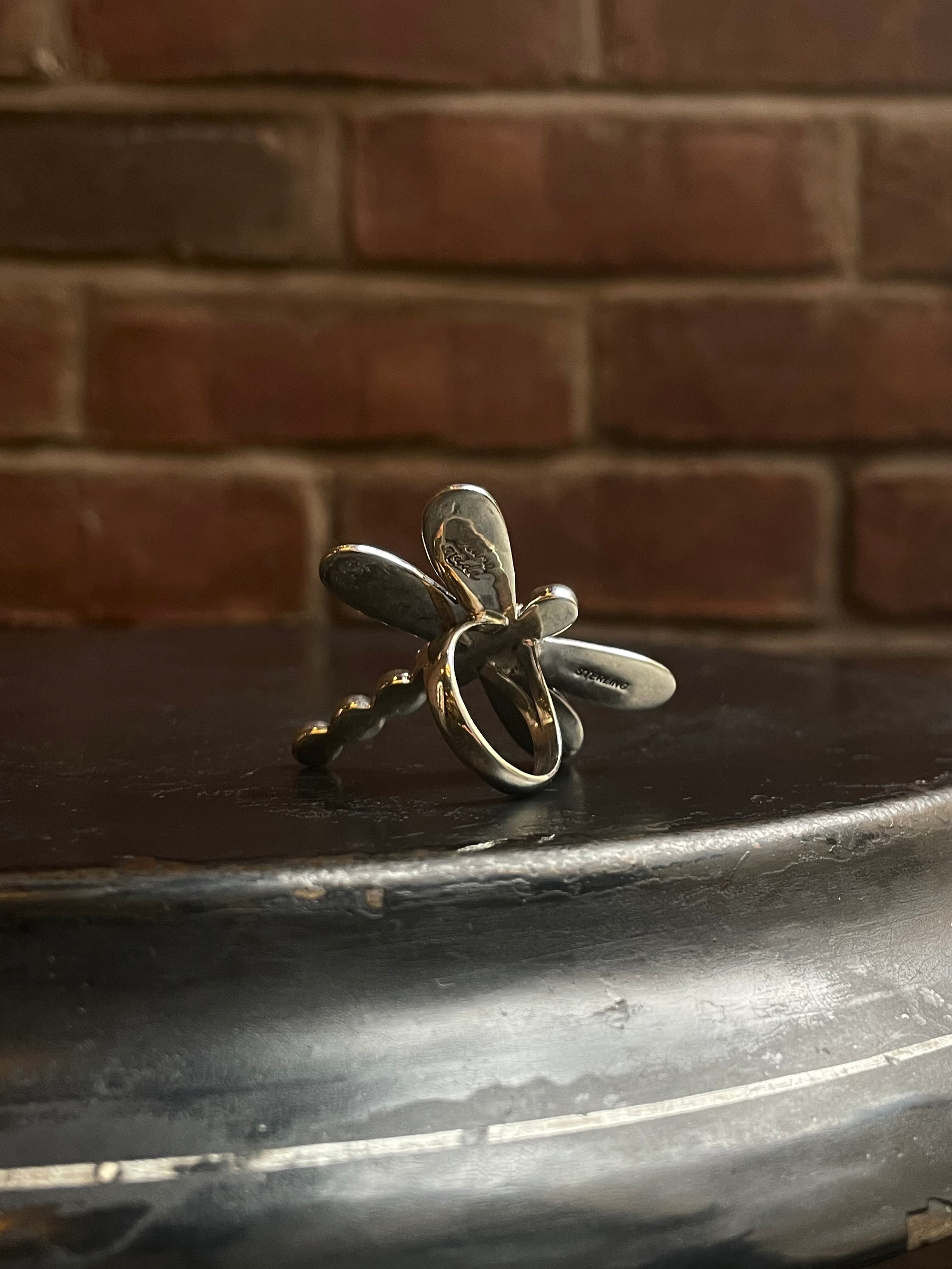 Coral & Spiny Dragonfly Ring | Sterling Silver | Handmade Size 7 C921