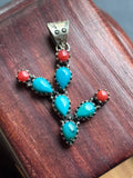 Turquoise Coral Cactus Pendant | Sterling Silver Southwestern Style A091