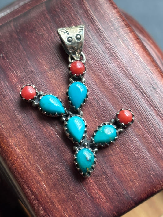 Turquoise Coral Cactus Pendant | Sterling Silver Southwestern Style A091