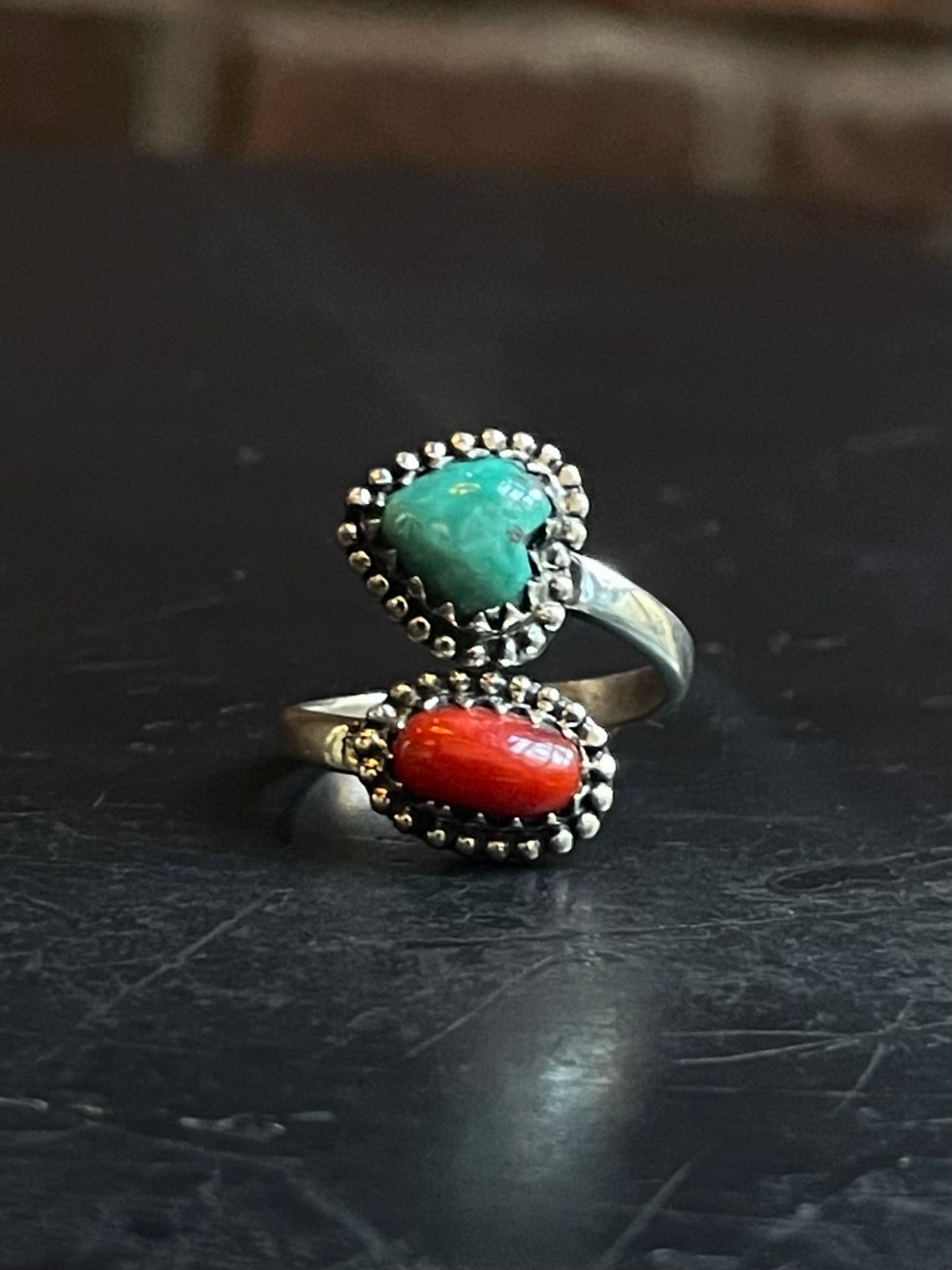 Kingman Turquoise and Red Coral Bypass Ring Size 6 | 925 Sterling Silver E487