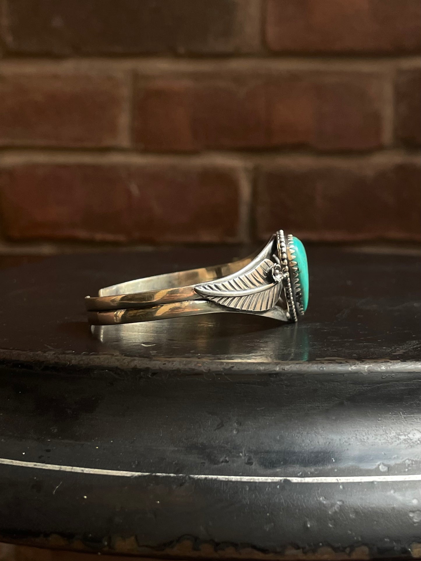 Kingman Turquoise Heart Cuff | Floral Leaf Split Shank | 925 Silver E689