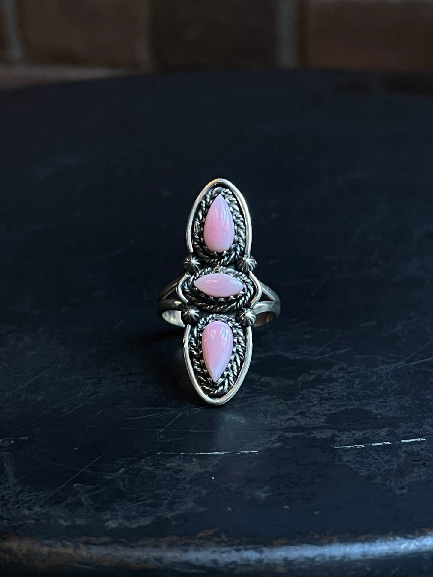 Pink Conch 3 Stone Ring | 925 Sterling Silver Size 9 E477