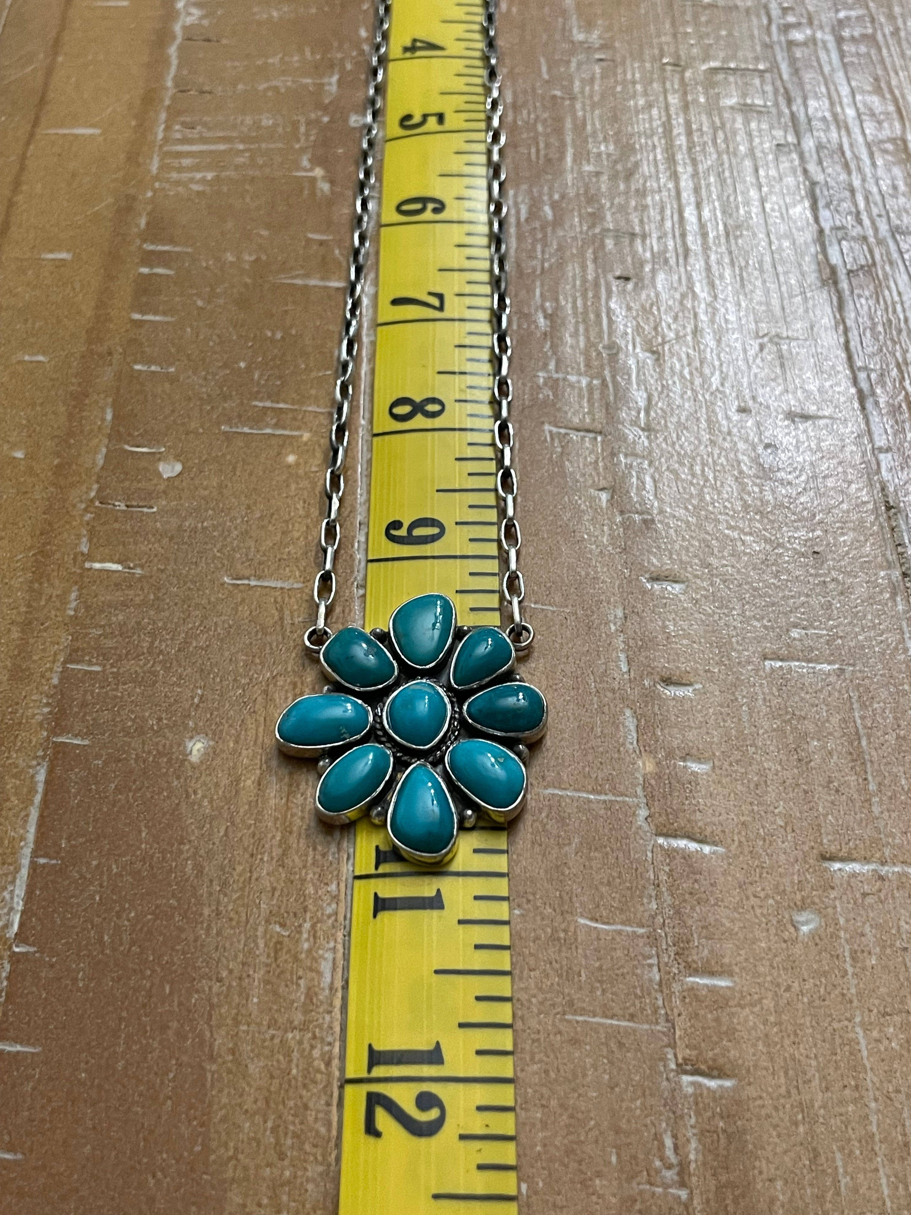 Kingman Turquoise Flower Necklace | Sterling Silver 925 Cluster| B891