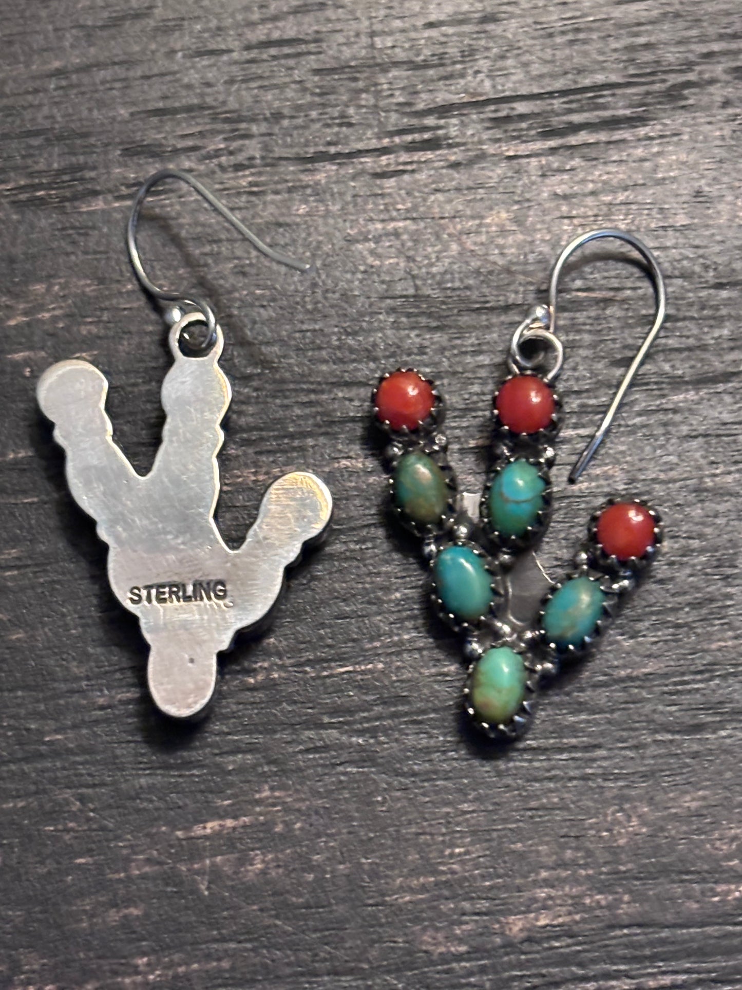 Turquoise Coral Prickly Pear Dangle Earrings | Sterling Silver A093