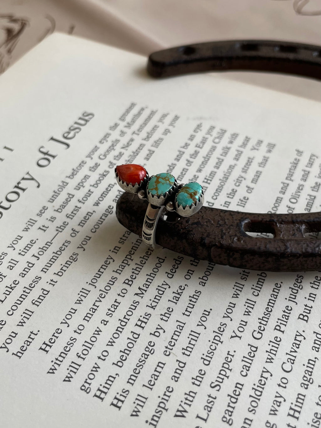 Spiny Oyster & Turquoise Three-Stone Ring | 925 Sterling Silver Size 6 G822