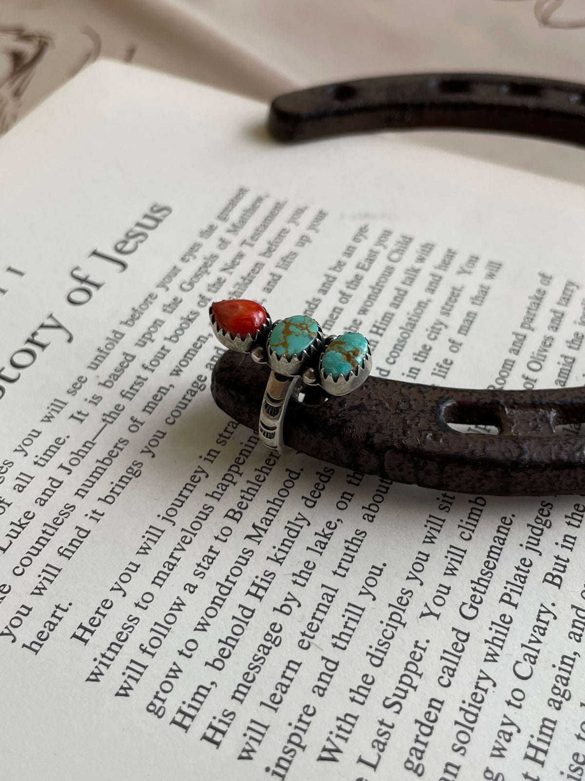 Spiny Oyster & Turquoise Three-Stone Ring | 925 Sterling Silver Size 6 G822