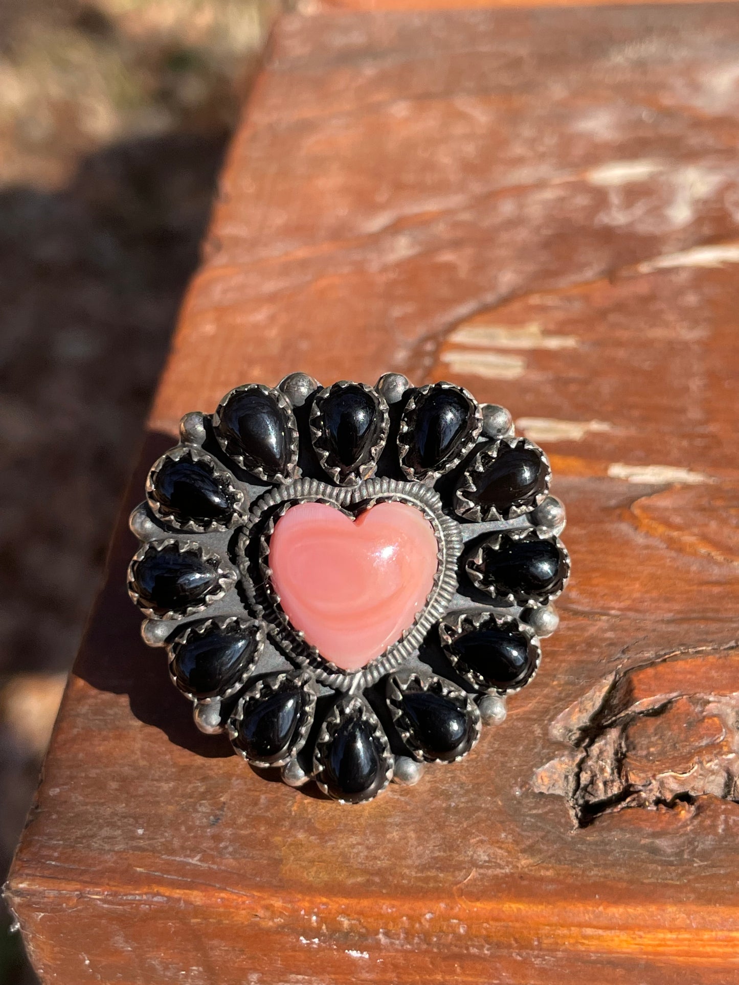 Pink Conch Heart Black Onyx Cluster Ring Size 6.75| 925 Sterling Silver D103
