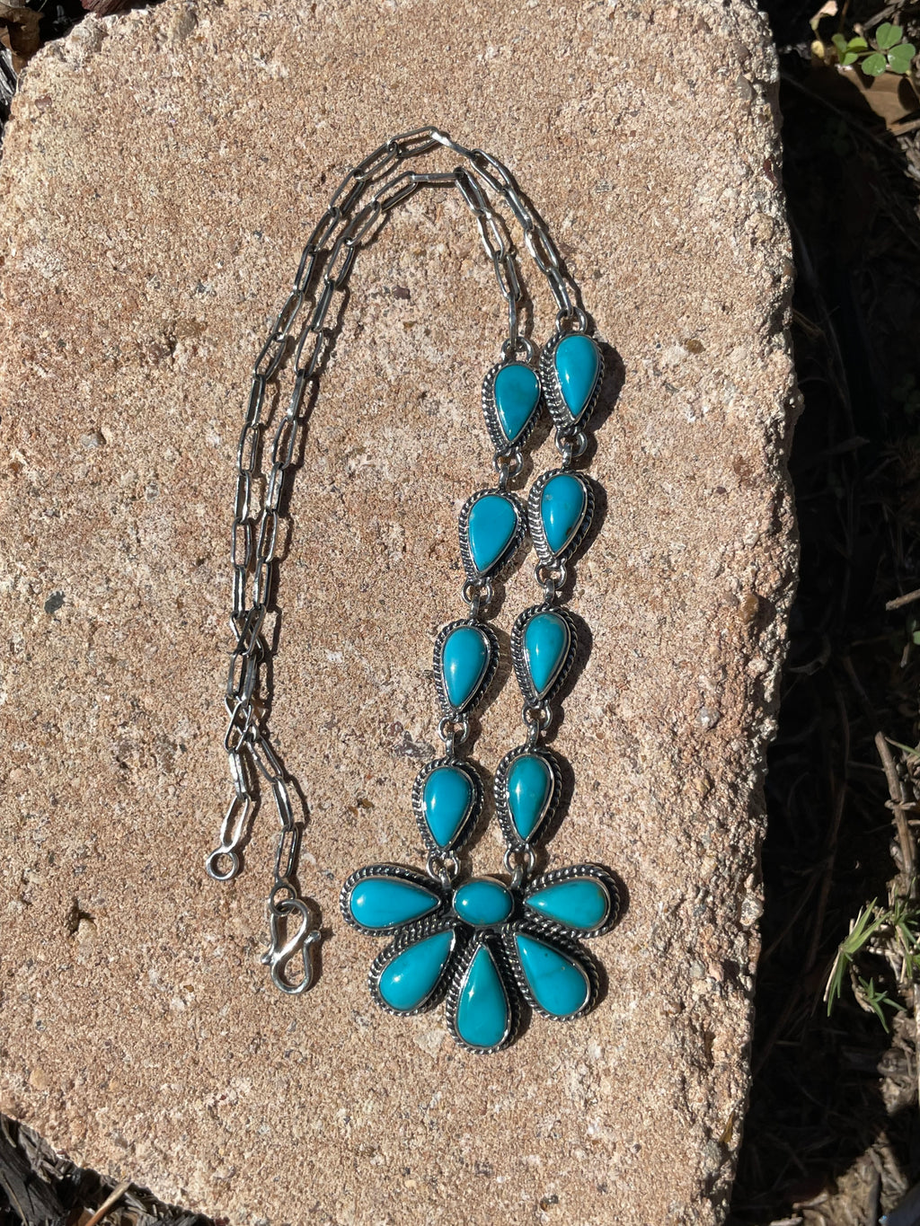 Kingman Turquoise Flower Lariat Necklace | Sterling Silver D133
