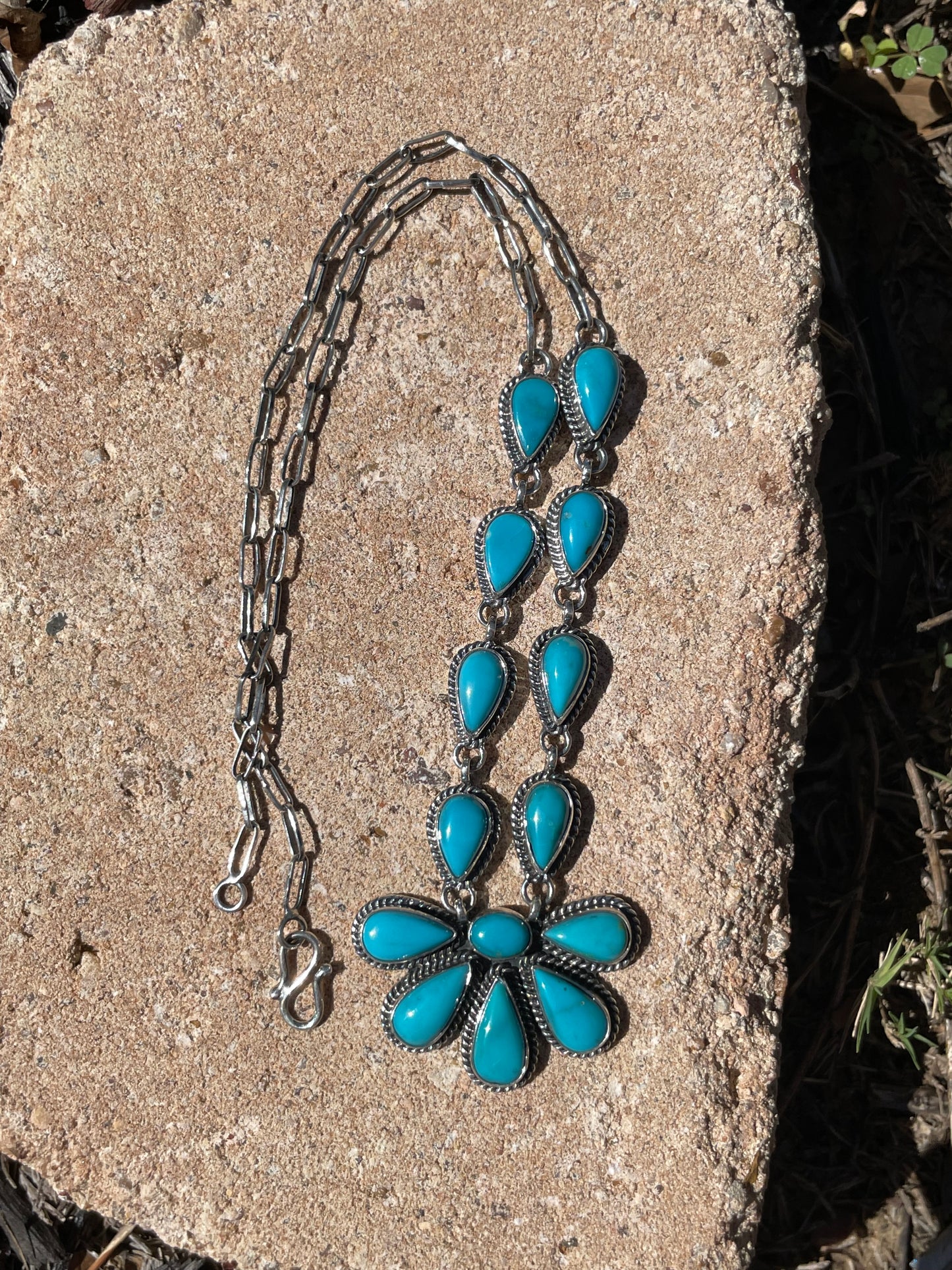 Kingman Turquoise Flower Lariat Necklace | Sterling Silver D133